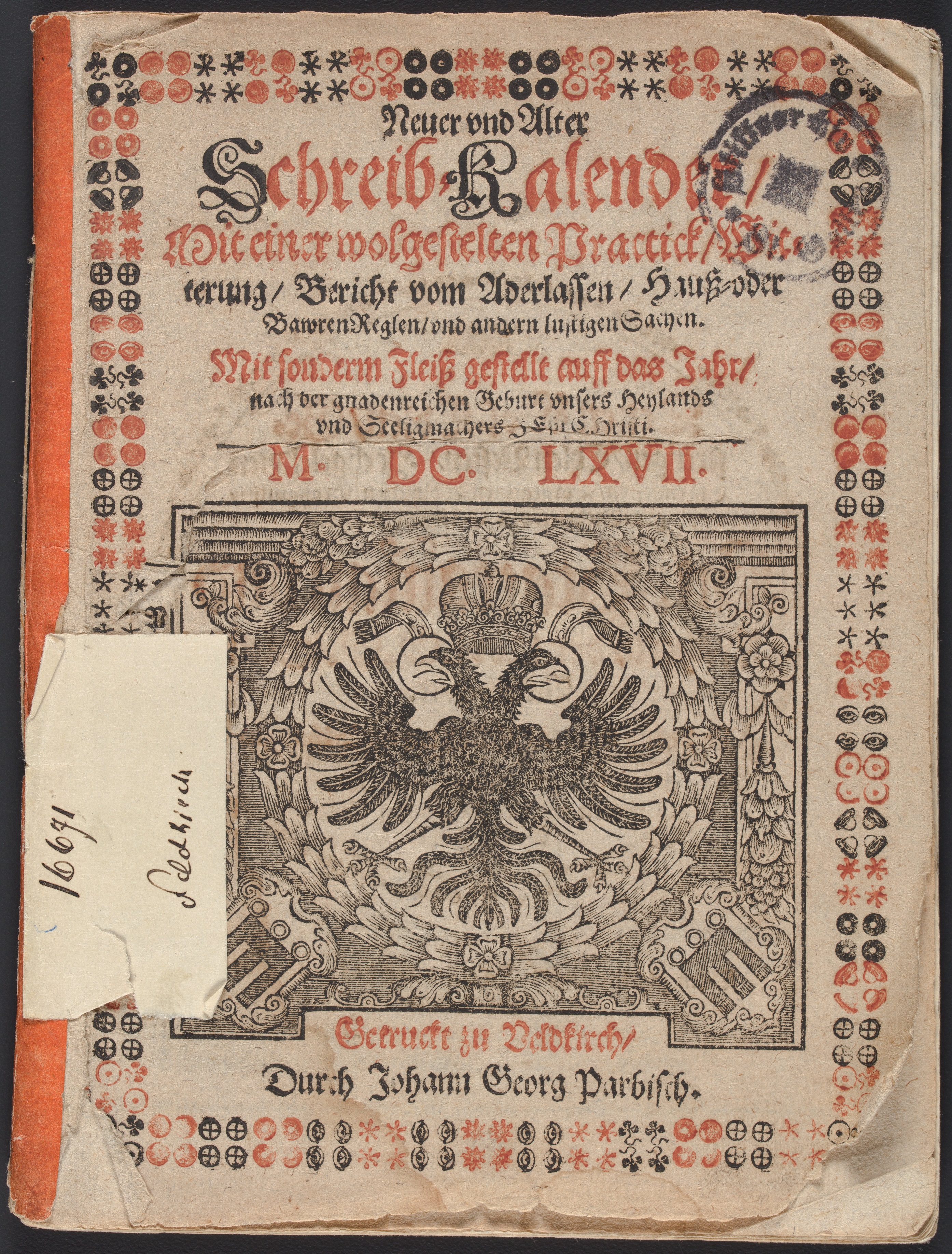Stiftsarchiv St.Gallen, X 133, Titelseite Schreibkalender 1667