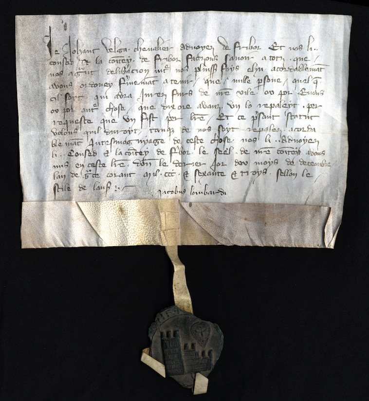 Légende: La charte est conservée aux Archives de l'État de Fribourg sous la cote «Affaires de la ville A 57».