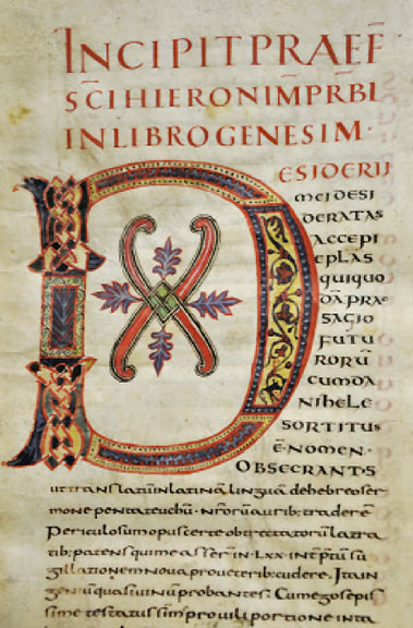 Drei verschiedene Schrifttypen am Kapitelbeginn einer mittelalterlichen Bibelhandschrift Zentralbibliothek Zürich, Ms Car C 1, f 5r. 