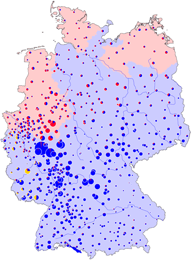 Prozentualer Anteil von Variationen des Familiennamens Pfeiffer / Peifer / Pieper in verschiedenen Gegenden Deutschlands. Aus: Deutscher Familienatlas (Uni Mainz).